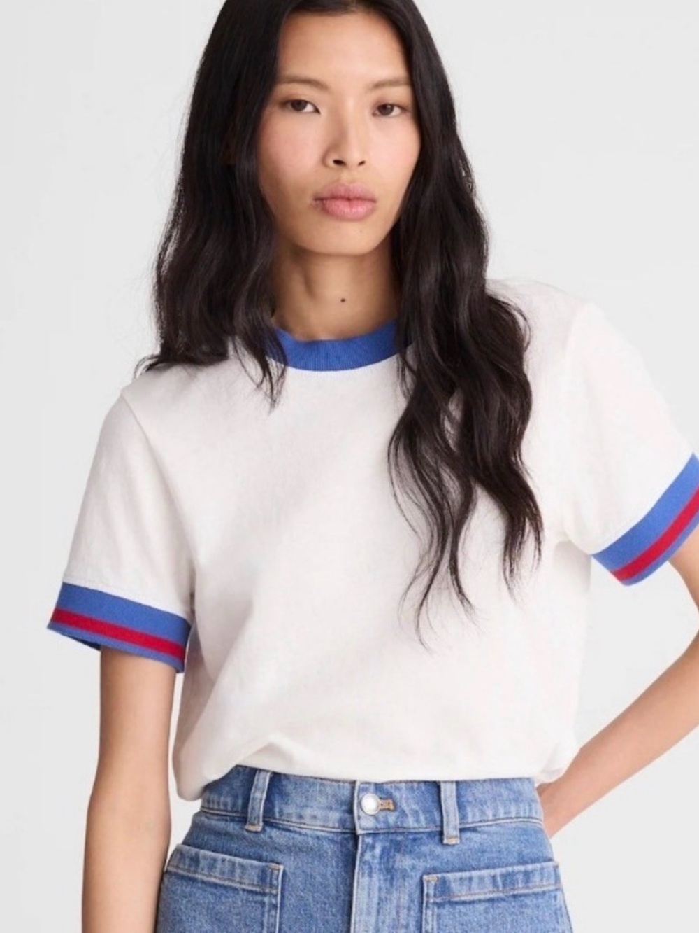 Madewell White Short-Sleeve Ringer Tee with Blue and Red Trim Size XS NWT